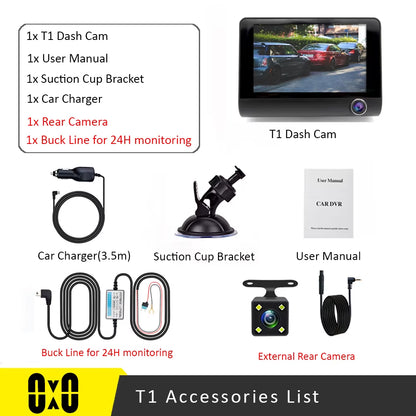【Triple Lens System】4" 3-Channel Dash Cam - Front/Rear/Interior Car DVR with Night Vision, 24H Parking Mode, Loop Recording